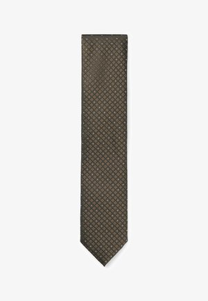 Bruine stropdas met een ruitjespatroon en lichtblauwe accenten; textiel voor een verfijnde uitstraling.