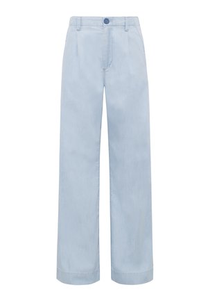 Light blue, wide-leg trousers made of soft fabric. Features a button closure, pleats, and rolled cuffs for a relaxed fit.