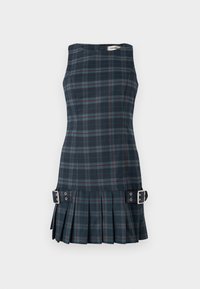 Vestido com padrão xadrez azul-marinho com acentos verdes e vermelhos, apresentando um corpete ajustado, saia plissada e fivelas laterais para detalhe.