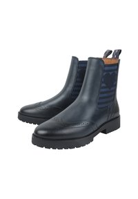 Granatowe skórzane botki za kostkę z detalami w stylu brogue, czarną gumową podeszwą, elastycznymi bocznymi paskami w paski z wzorem serc oraz tkaninowymi uchwytami.