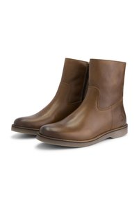 Botas de tobillo de cuero marrón con un acabado liso, punta redondeada y diseño corto. Cierre lateral con cremallera y suela plana de goma.