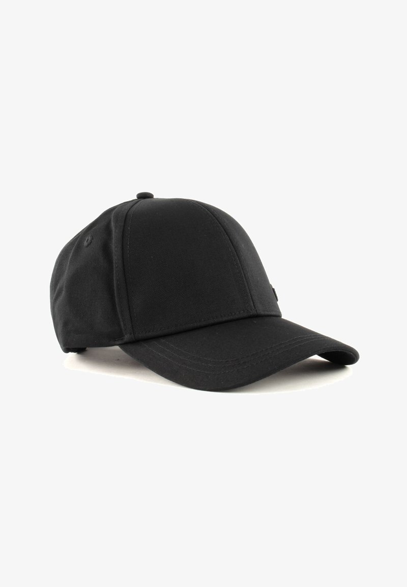 Casquette de baseball en coton noir avec visière incurvée et design à panneaux cousus, présentée sur un fond blanc.