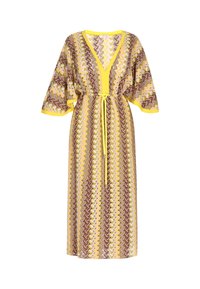 Kimono-oblika s živopisnim uzorkom u žutoj, ružičastoj, smeđoj i krem boji, s V-izrezom i pojasom za prilagodljivost.