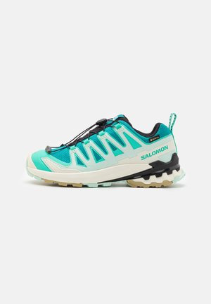 Tyrkysová a černá trailová běžecká bota s texturovaným síťovým svrškem, podšívkou Gore-Tex a unikátní gumovou podrážkou pro trakci.