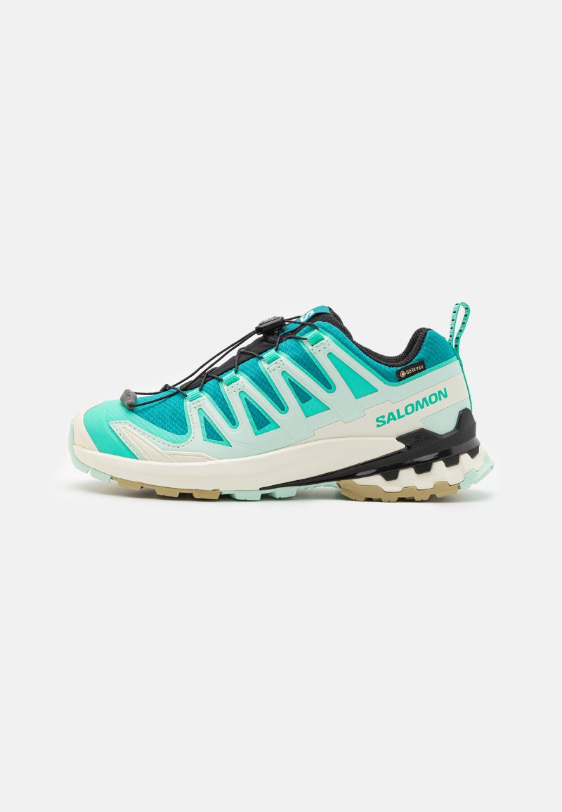 Mėlynos ir juodos trail bėgimo bateliai su tekstūruotu tinklo viršumi, Gore-Tex pamušalu ir unikaliu guminiu padu sukibimui.