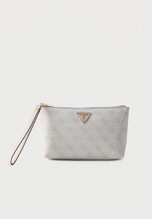 Piccola pochette da polso argento-grigia con motivo monogramma sottile, targhetta logo Guess dorata e cursore della zip coordinato.