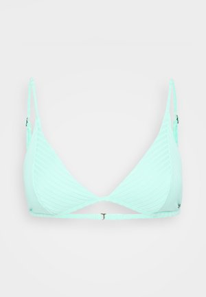 Mint green triangular bikini top with ribbed texture, adjustable straps, and a subtle clasp at the back. Simple design without padding.