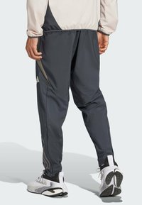 Grijze sportbroek van lichtgewicht stof met ritszakken, voorzien van drie verticale strepen en taps toelopende enkels. Gepaard met witte sneakers.