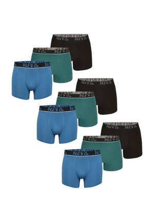 Groupe de huit boxers en bleu, turquoise et noir. Fabriqués en coton, avec des ceintures élastiques portant le logo de la marque et des couleurs contrastantes.