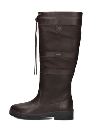 Hoge donkerbruine leren laars met veterdetail bovenaan en een lage zwarte rubberen zool.