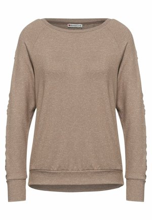 Beżowy sweter z długim rękawem, z okrągłym dekoltem i ściągaczami przy mankietach i na dole.
