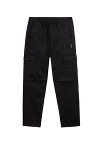 Pantaloni cargo negri dintr-un material moale, cu un elastic în talie, două buzunare laterale și două buzunare cargo pe coapse.