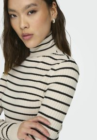 Cream turtleneck sweater with black horizontal stripes; ribbed texture; slim fit; model has long hair with multiple earrings visible.