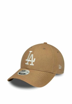 Brown adjustable baseball cap with white LA logo embroidered on front and brand logo embroidered on side.
