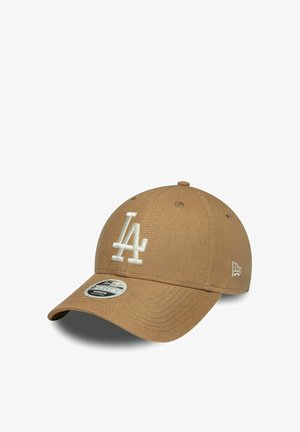 Cappellino da baseball marrone regolabile con logo bianco LA ricamato sul davanti e logo del marchio ricamato sul lato.