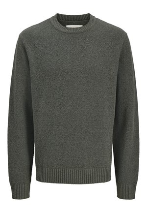 Ciemnoszary sweter z długim rękawem i okrągłym dekoltem, ze ściągaczami na mankietach i u dołu, wykonany z teksturowanej dzianiny.