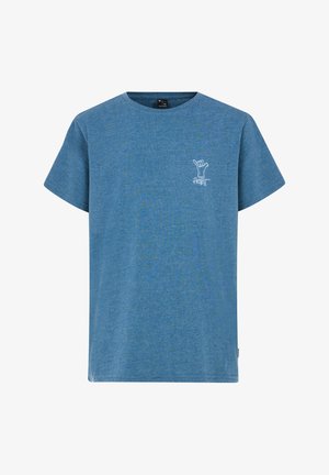 Modré tričko s krátkým rukávem vyrobené z jemného materiálu. Na hrudi má malou bílou grafiku vyjadřující gesto ruky. Klasický design s kulatým výstřihem.