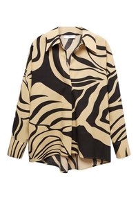 Cremefarvet bluse med markante sorte abstrakte striber, krave-design, lange ærmer og asymmetrisk kant med en glat stofstruktur.
