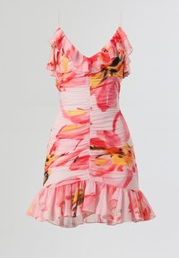 Vestito floreale con base rosa e motivi astratti in rosso e giallo, spalline arricciate e orlo svasato. Tessuto elasticizzato e arricciato.