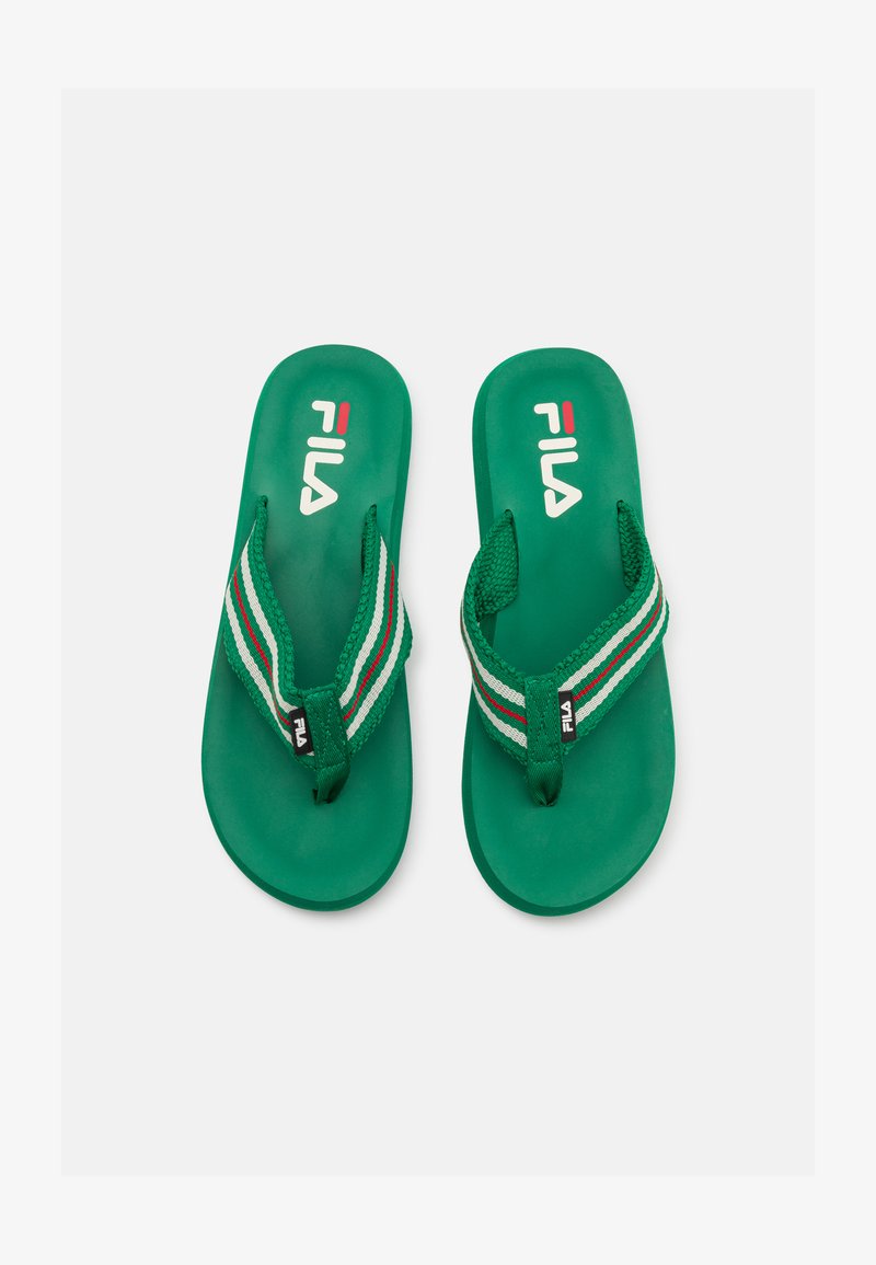 Green flip-flops with woven straps featuring red, white, and green stripes. Rubber sole with "Fila" logo prominently displayed.