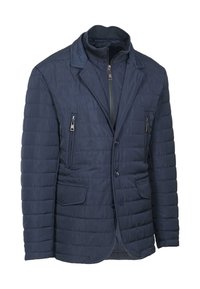 Giacca trapuntata blu navy con colletto a risvolto, chiusura con zip frontale e due tasche con zip. Presenta una texture liscia e una vestibilità su misura.