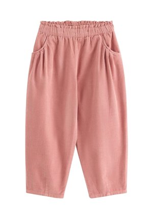 Pink corduroy cropped pants with elastic waistband and side pockets, displayed against a white background.