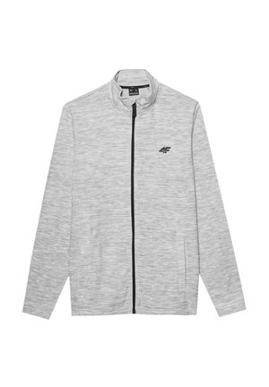 Szara kurtka na zamek z wysokim kołnierzem, czarnym zamkiem błyskawicznym, dwoma kieszeniami po bokach oraz małym logo na górnej lewej stronie klatki piersiowej. Tkanina o fakturowanym wykończeniu.