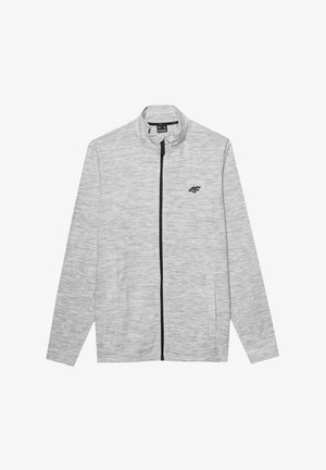Szara kurtka na zamek z wysokim kołnierzem, czarnym zamkiem błyskawicznym, dwoma kieszeniami po bokach oraz małym logo na górnej lewej stronie klatki piersiowej. Tkanina o fakturowanym wykończeniu.