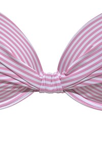 Różowo-biały bikini górna część z paskami, z skręconym detalem na środku, gładka tekstura materiału i usztywniony fason, odpowiedni do stroju kąpielowego.
