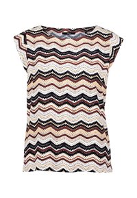 Haut à manches courtes avec un motif en zigzag ondulé beige, marron, noir et blanc. Confectionné dans un tissu léger avec une coupe décontractée.