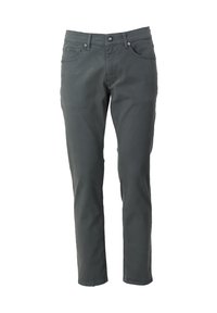 Pantalones de mezclilla grises con corte recto, cierre de botón y cremallera, cinco bolsillos y sutiles detalles de costura en la parte frontal.