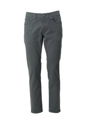 Pantaloni in denimb grigio con taglio dritto, chiusura con bottone e zip, cinque tasche e dettagli di cucitura discreti sulla parte anteriore.