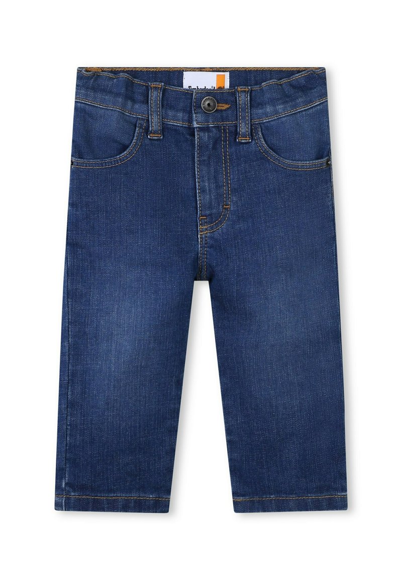 Jeans de mezclilla azul oscuro con un diseño de cinco bolsillos, detalles de costura visibles y cierre de botón. Corte recto con una textura suave.