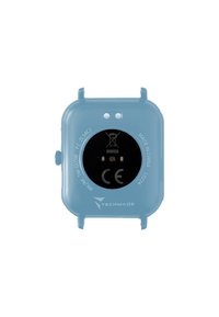 Hellblaues rechteckiges Smartwatch mit einem eleganten Design, einem schwarzen runden Display auf der Rückseite und kleinen Tasten an der Seite. CE gekennzeichnet.