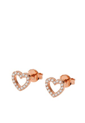 Rose gold heart-shaped stud earrings with small clear gemstones outlining the open heart design on a white background.