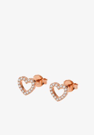 Roségoldene Ohrstecker in Herzform mit kleinen klaren Edelsteinen, die das offene Herz-Design auf weißem Hintergrund umrahmen.