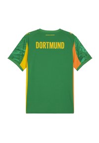 Maglia sportiva verde con accenti gialli. Presenta la scritta "DORTMUND" in grassetto giallo sulla parte posteriore. Le maniche hanno un design a motivo.