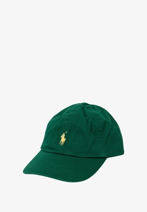 Gorra de béisbol de algodón verde con visera curvada y un logotipo bordado en amarillo en la parte frontal. Tejido texturizado con un diseño clásico de seis paneles.