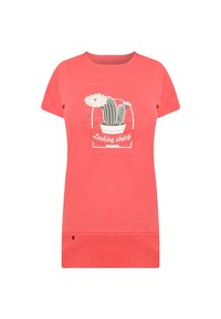 Koralfarvet kortærmet t-shirt med et kaktusgrafik og blomster samt teksten "Looking sharp." Blødt stof med rund halsudskæring.