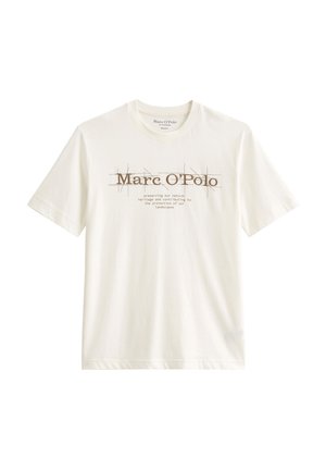 Cream cotton t-shirt with short sleeves, featuring brown text and lines. The front displays a logo and a message about environmental preservation.