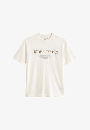 Cream cotton t-shirt with short sleeves, featuring brown text and lines. The front displays a logo and a message about environmental preservation.