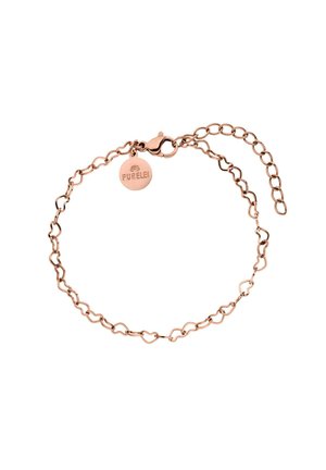 Zartes Armband aus roségoldener Kette mit herzförmigen Gliedern und einer runden Plakette mit der Gravur "PURELEI,", ausgestattet mit einem Karabinerverschluss und verstellbarem Verlängerungskettchen.