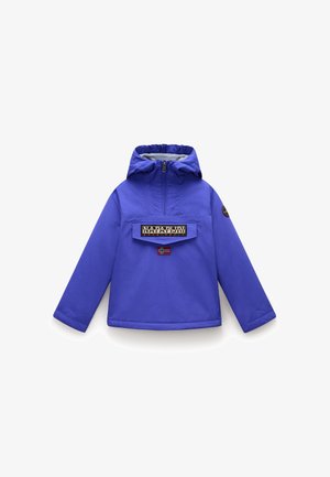 Ljubičasta anorak jakna s kapuljačom, prednjim džepom s logotipom branda i malim značkom Norveške. Glatki materijal s elastičnim manžetama.