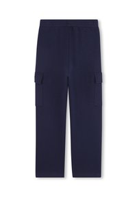 Pantalons bleu marine avec taille élastique et poches à rabat sur chaque cuisse, présentés sur fond blanc uni.