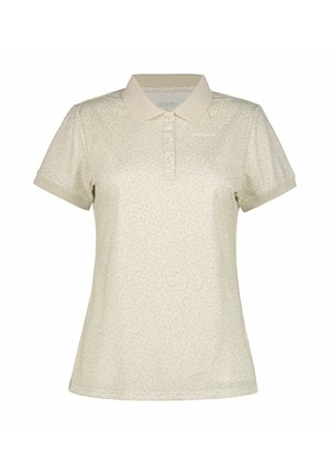 Lysebeige poloshirt med et diskret blomsterprint, korte ærmer og krave. Har tre knapper og en logo på brystet.