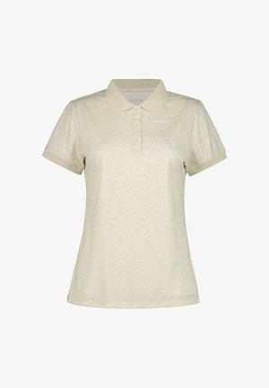 Lysebeige poloshirt med et diskret blomsterprint, korte ærmer og krave. Har tre knapper og en logo på brystet.