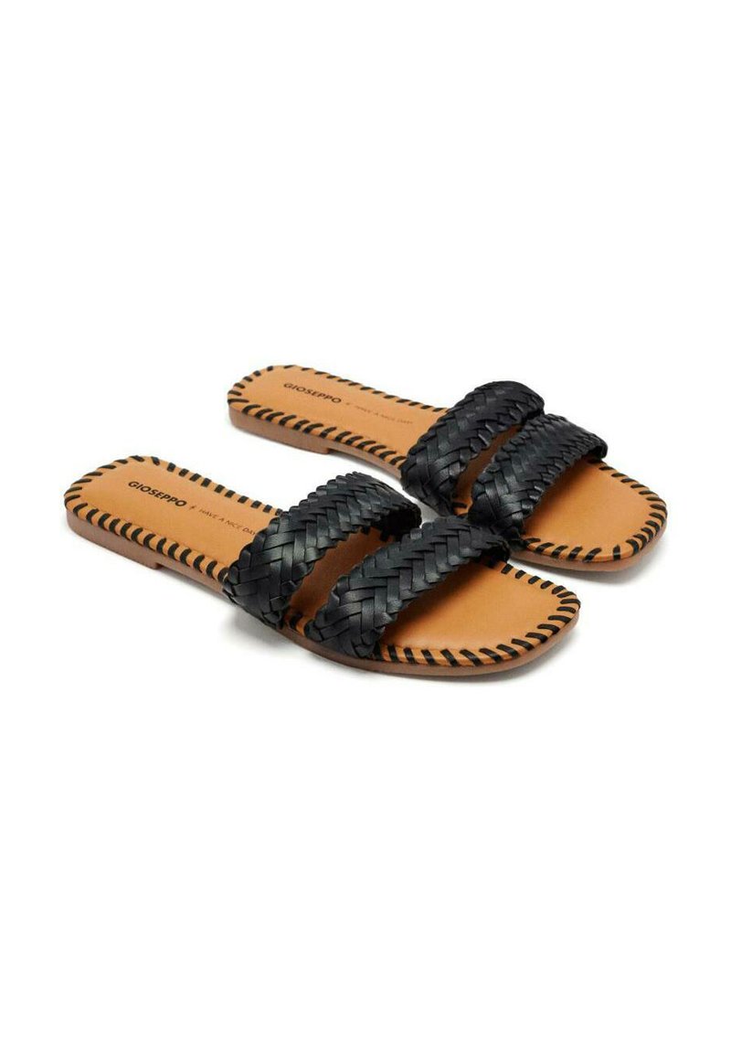 Sandali in pelle intrecciata nera con due ampie cinghie e una soletta color nocciola. La suola presenta cuciture decorative. Design piatto per il massimo comfort.