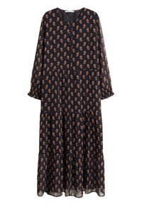 Abito lungo nero con maniche a lunghezza lunga, caratterizzato da un motivo paisley in tonalità ruggine, scollatura a V e design a strati. Realizzato in tessuto leggero.