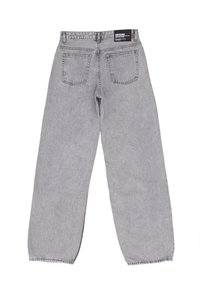 Grijze denimjeans met een losse pasvorm. Kenmerken zijn een hoge taille, achterzakken en een eenvoudig ontwerp. Zachte textuur zonder opvallende patronen.