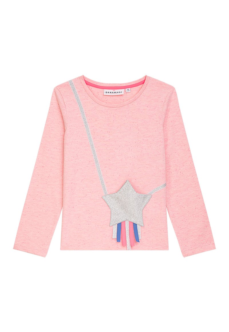 Langärmliges rosa Hemd aus weichem Stoff, mit einem silbernen Sternenmotiv und blauen sowie rosafarbenen Akzenten, sowie einem silbernen Streifen über die Brust.